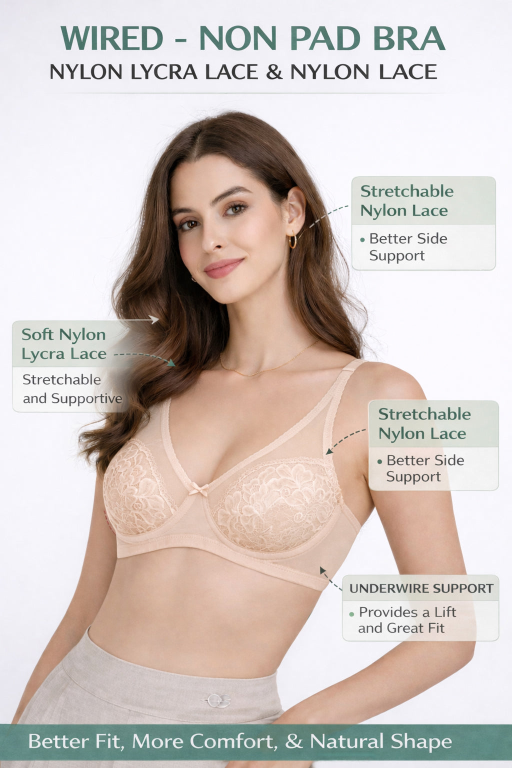 Women Wired Bra Nude, T-Shirt Bra Color Beige