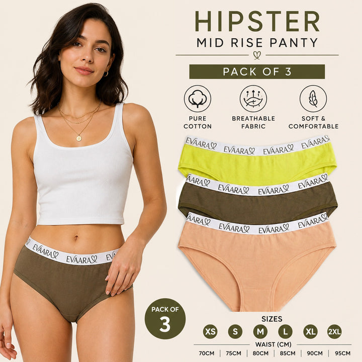 3 Pcs 100% Pure cotton brief, hipster mid rise