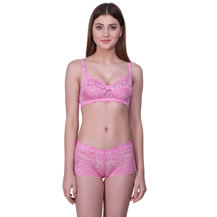 Floral Lace Lingerie Set – Pink Non-Padded Wire-Free Bra & Boyshorts