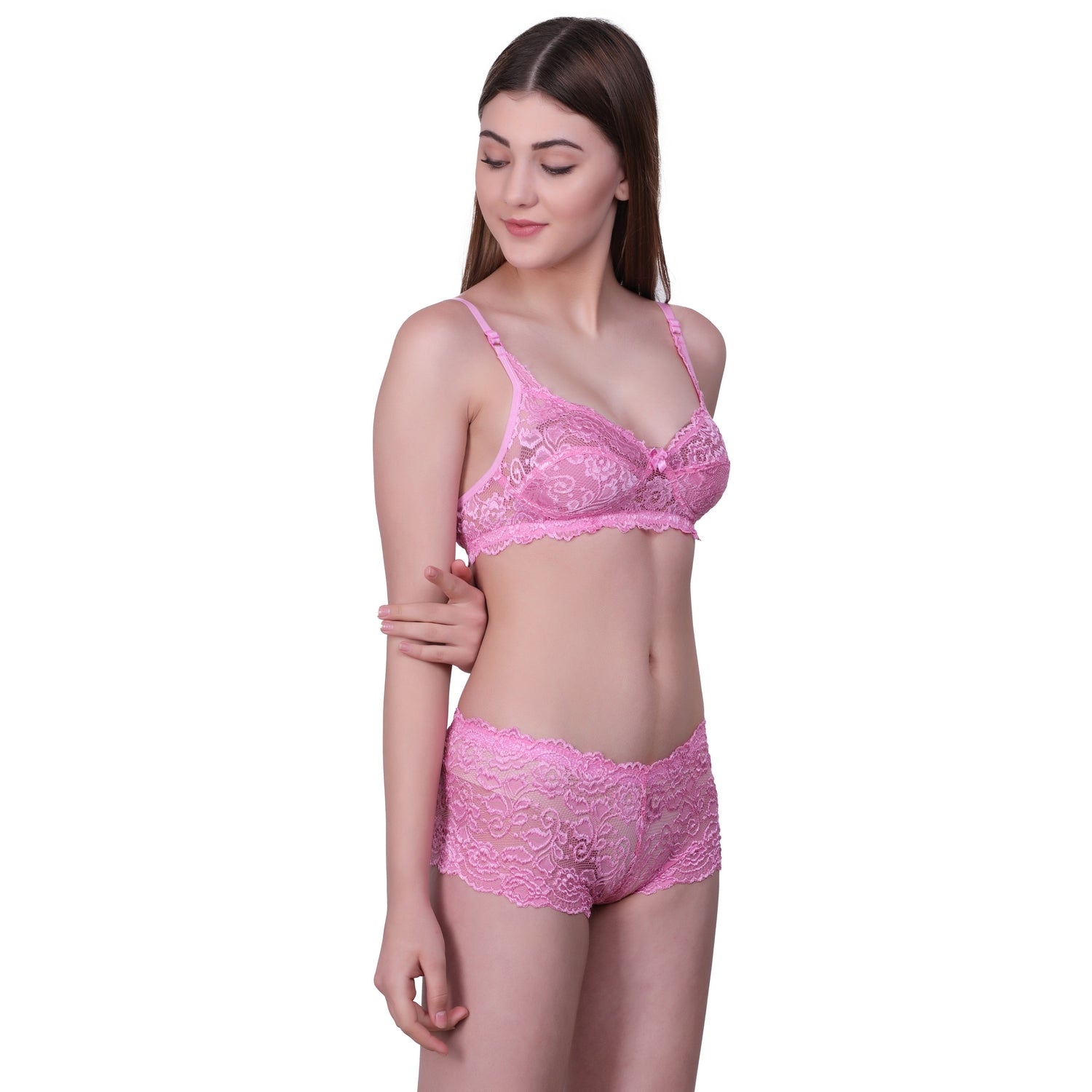 Floral Lace Lingerie Set – Pink Non-Padded Wire-Free Bra & Boyshorts