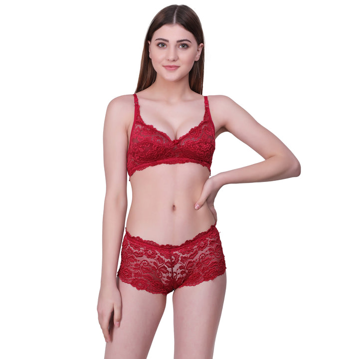 Floral Lace Lingerie Set – Red Non-Padded Wire-Free Bra & Boyshorts
