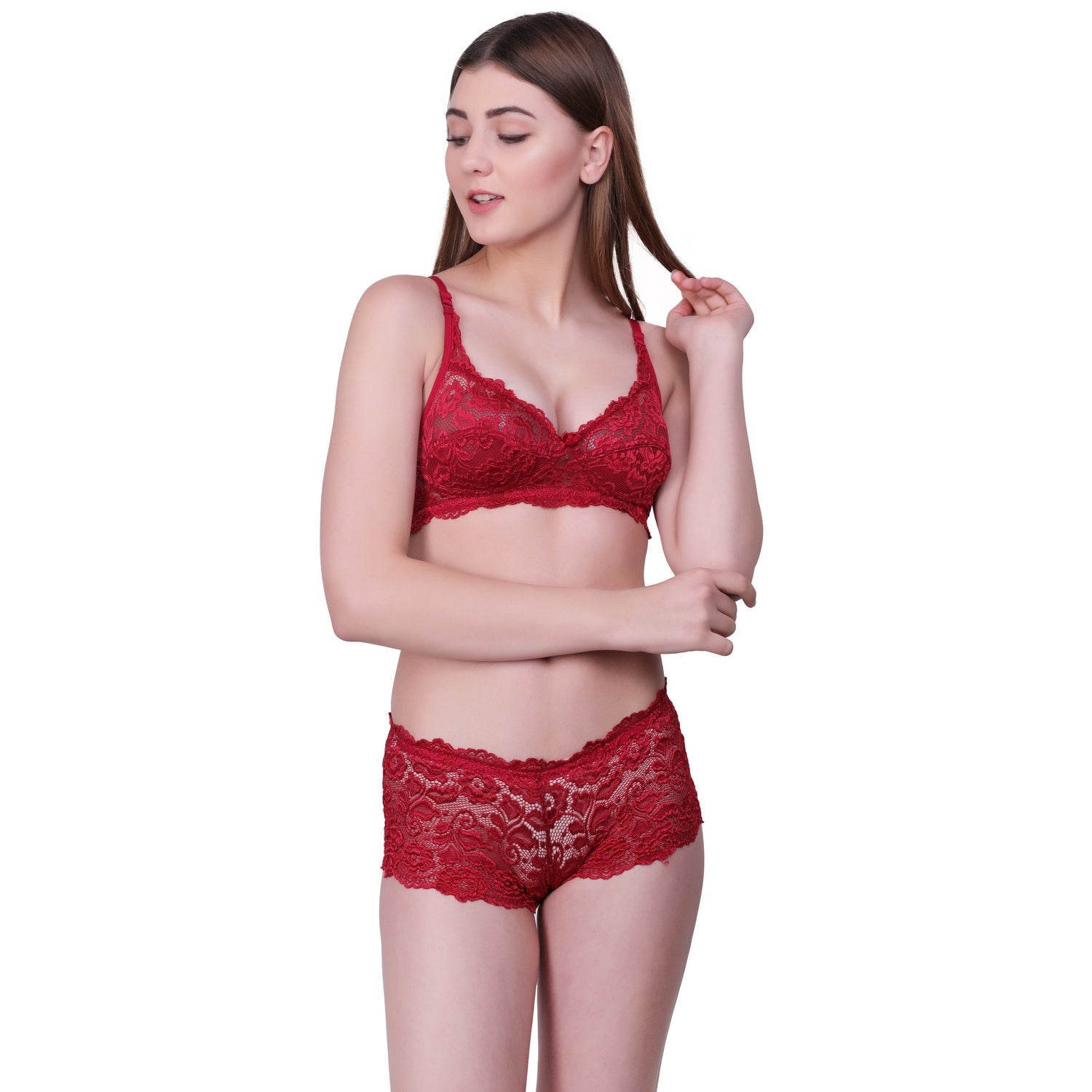 Floral Lace Lingerie Set – Red Non-Padded Wire-Free Bra & Boyshorts