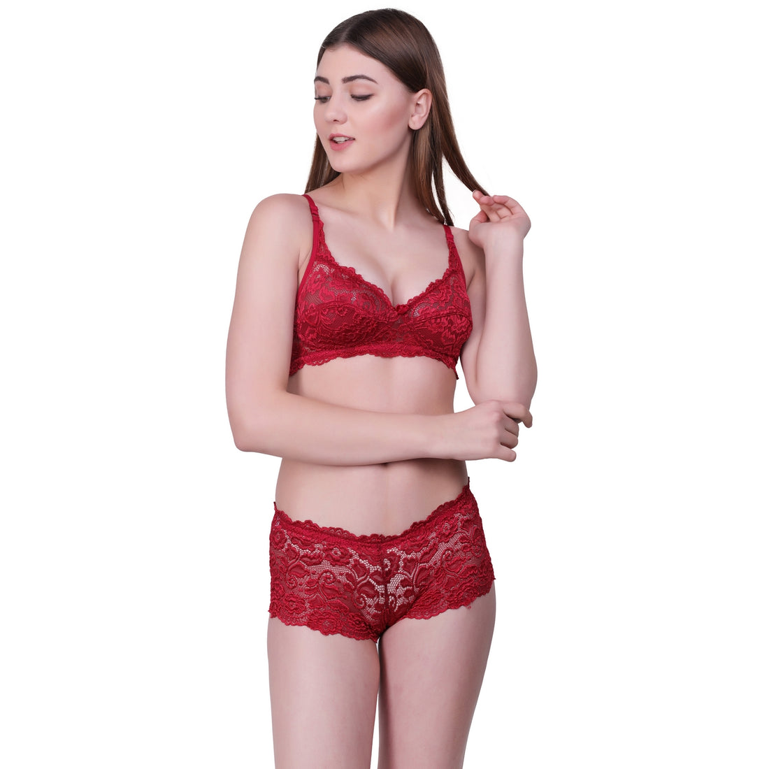 Floral Lace Lingerie Set – Red Non-Padded Wire-Free Bra & Boyshorts