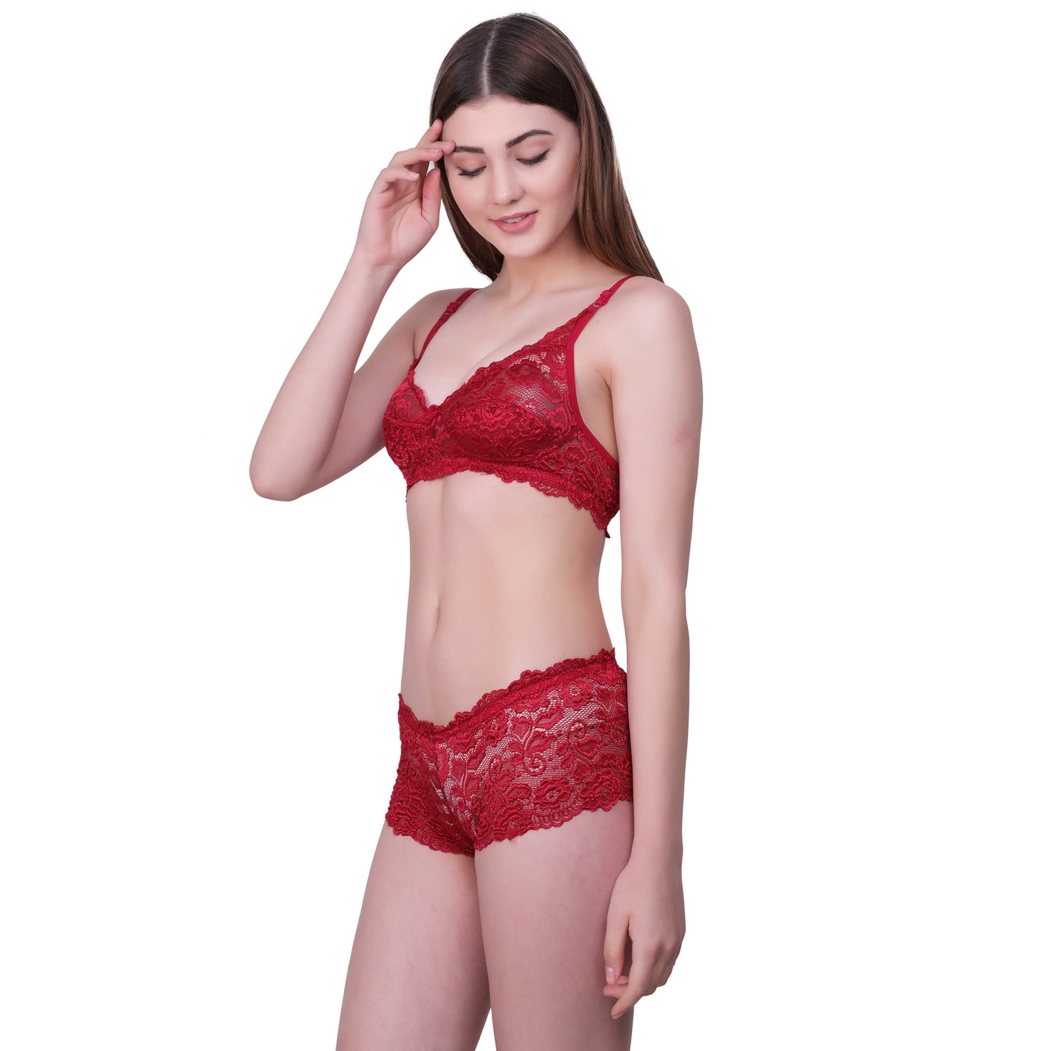 Floral Lace Lingerie Set – Red Non-Padded Wire-Free Bra & Boyshorts
