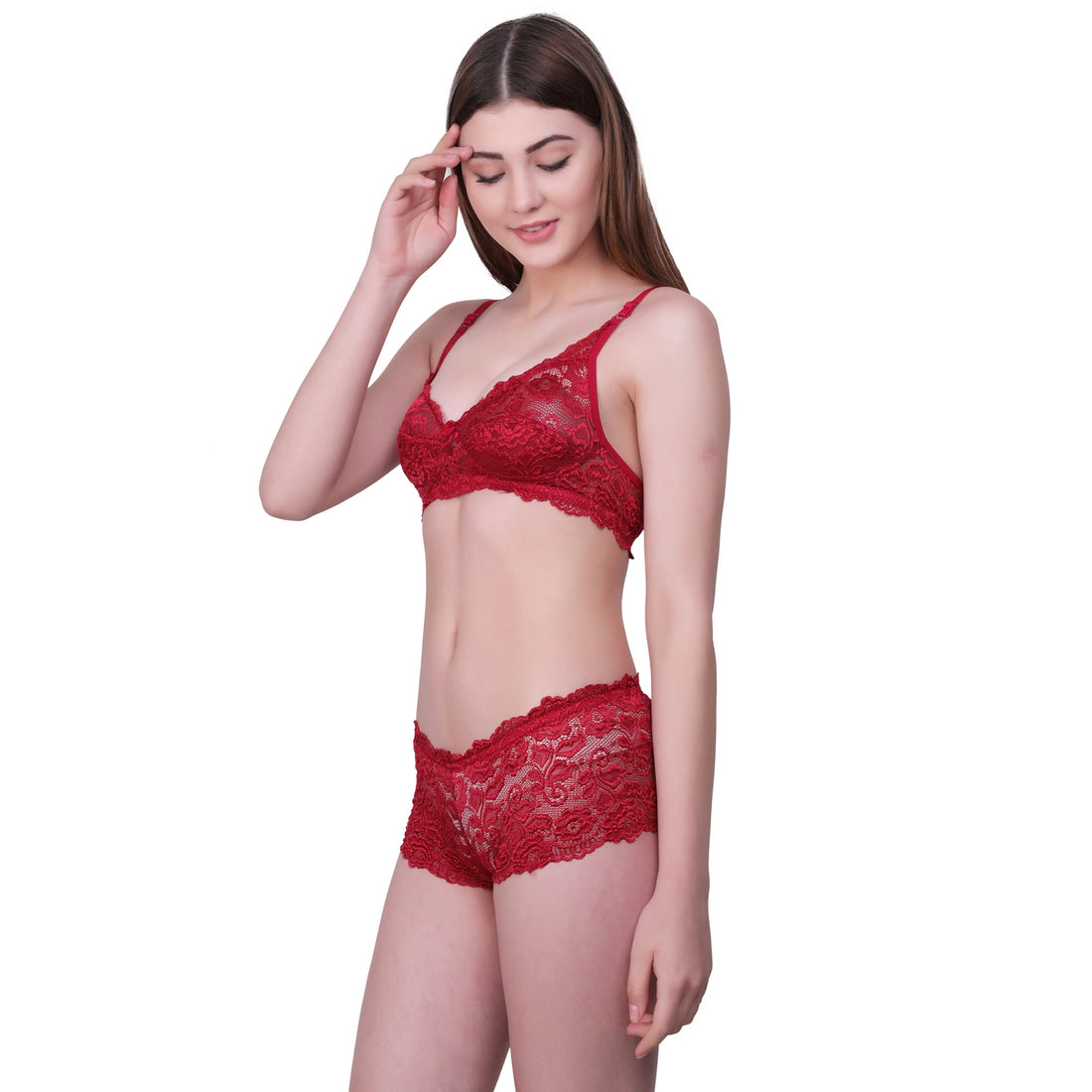 Floral Lace Lingerie Set – Red Non-Padded Wire-Free Bra & Boyshorts