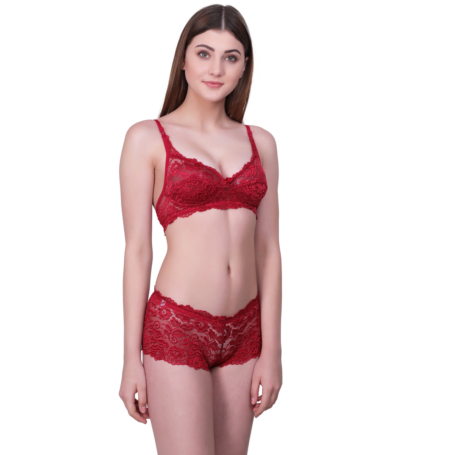 Floral Lace Lingerie Set – Red Non-Padded Wire-Free Bra & Boyshorts