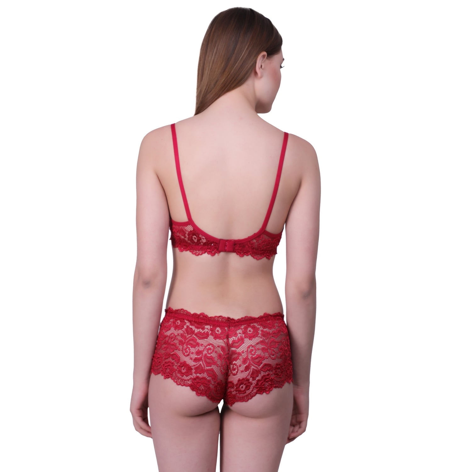 Floral Lace Lingerie Set – Red Non-Padded Wire-Free Bra & Boyshorts