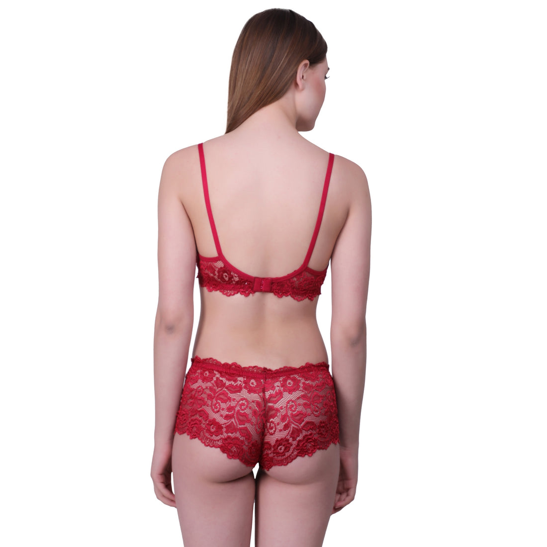 Floral Lace Lingerie Set – Red Non-Padded Wire-Free Bra & Boyshorts