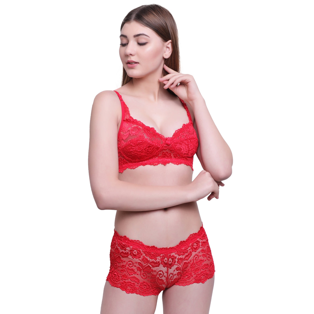 Floral Lace Lingerie Set – Scarlet Red Non-Padded Wire-Free Bra & Boyshorts