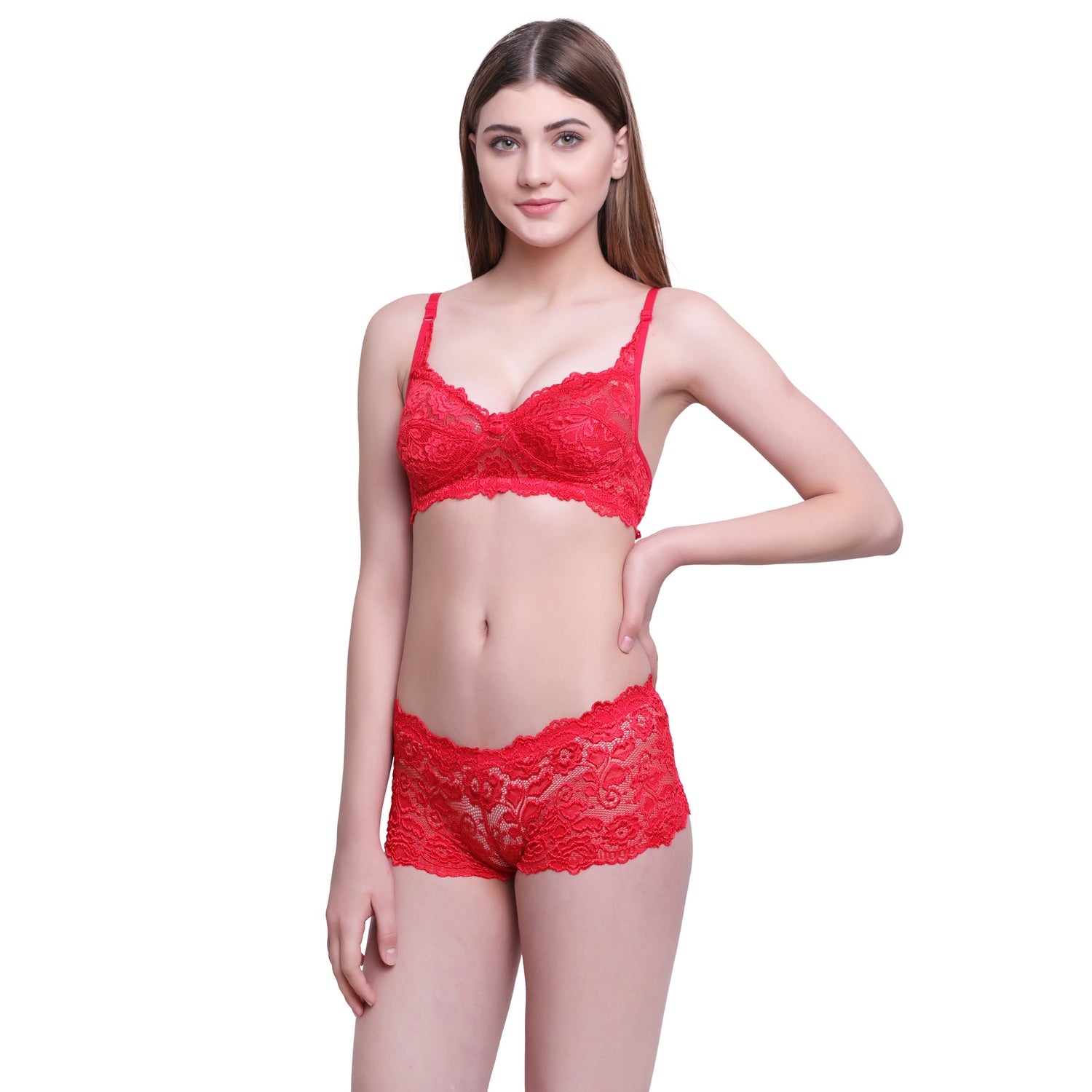 Floral Lace Lingerie Set – Scarlet Red Non-Padded Wire-Free Bra & Boyshorts