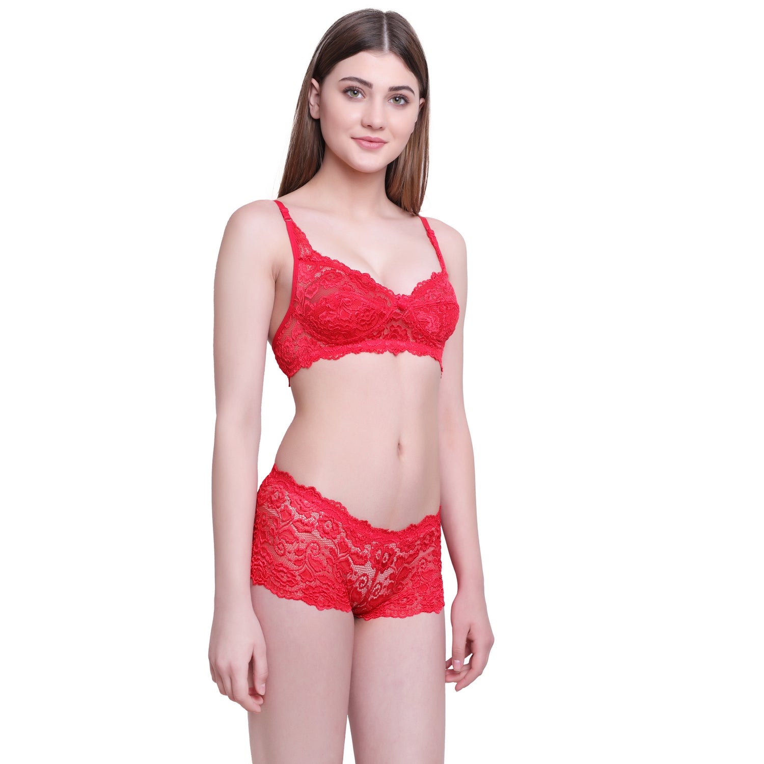 Floral Lace Lingerie Set – Scarlet Red Non-Padded Wire-Free Bra & Boyshorts