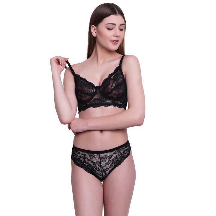 Floral Lace Lingerie Set – Black Non-Padded Wire-Free Bra & Bikini