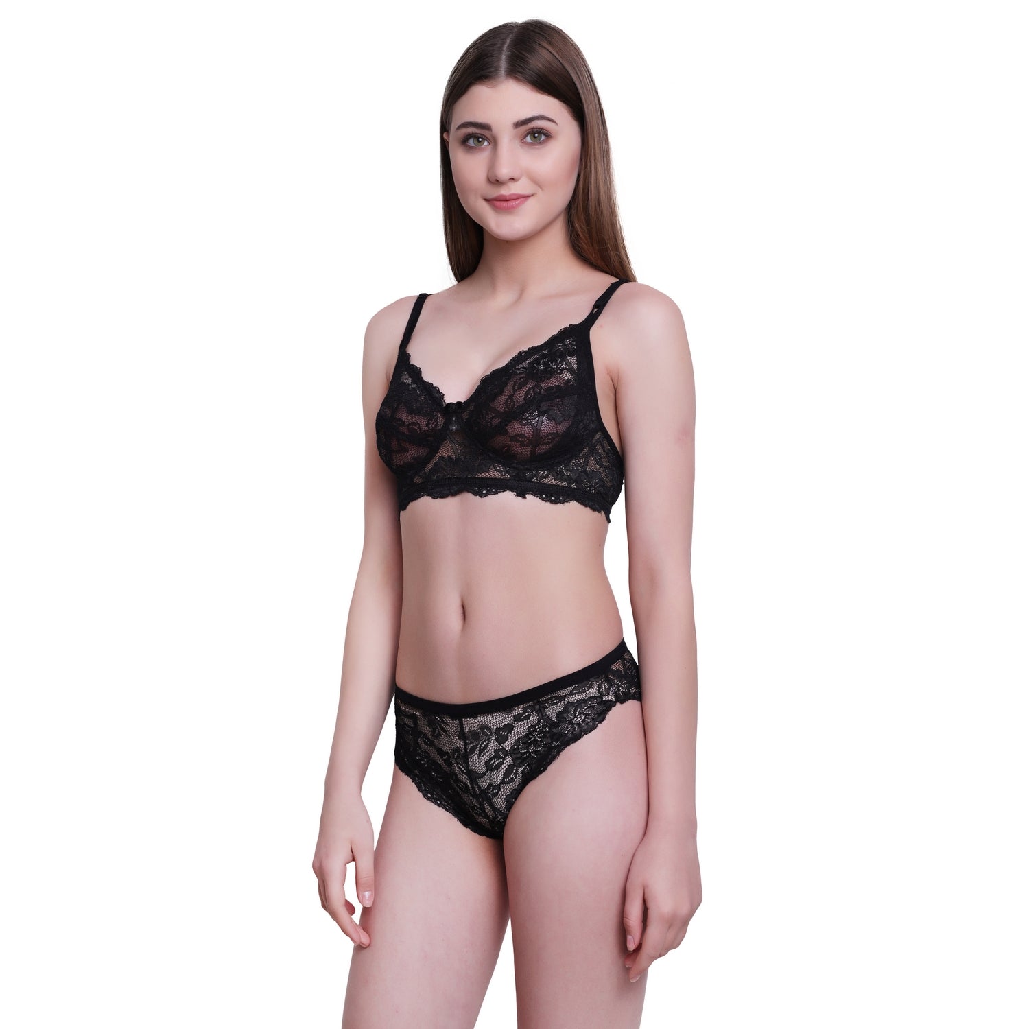 Floral Lace Lingerie Set – Black Non-Padded Wire-Free Bra & Bikini