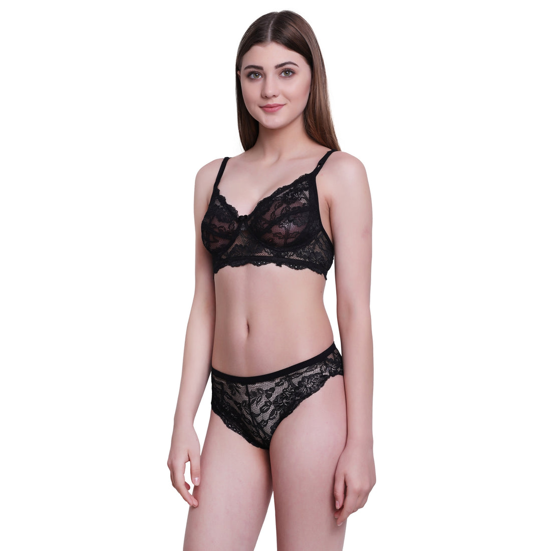 Floral Lace Lingerie Set – Black Non-Padded Wire-Free Bra & Bikini