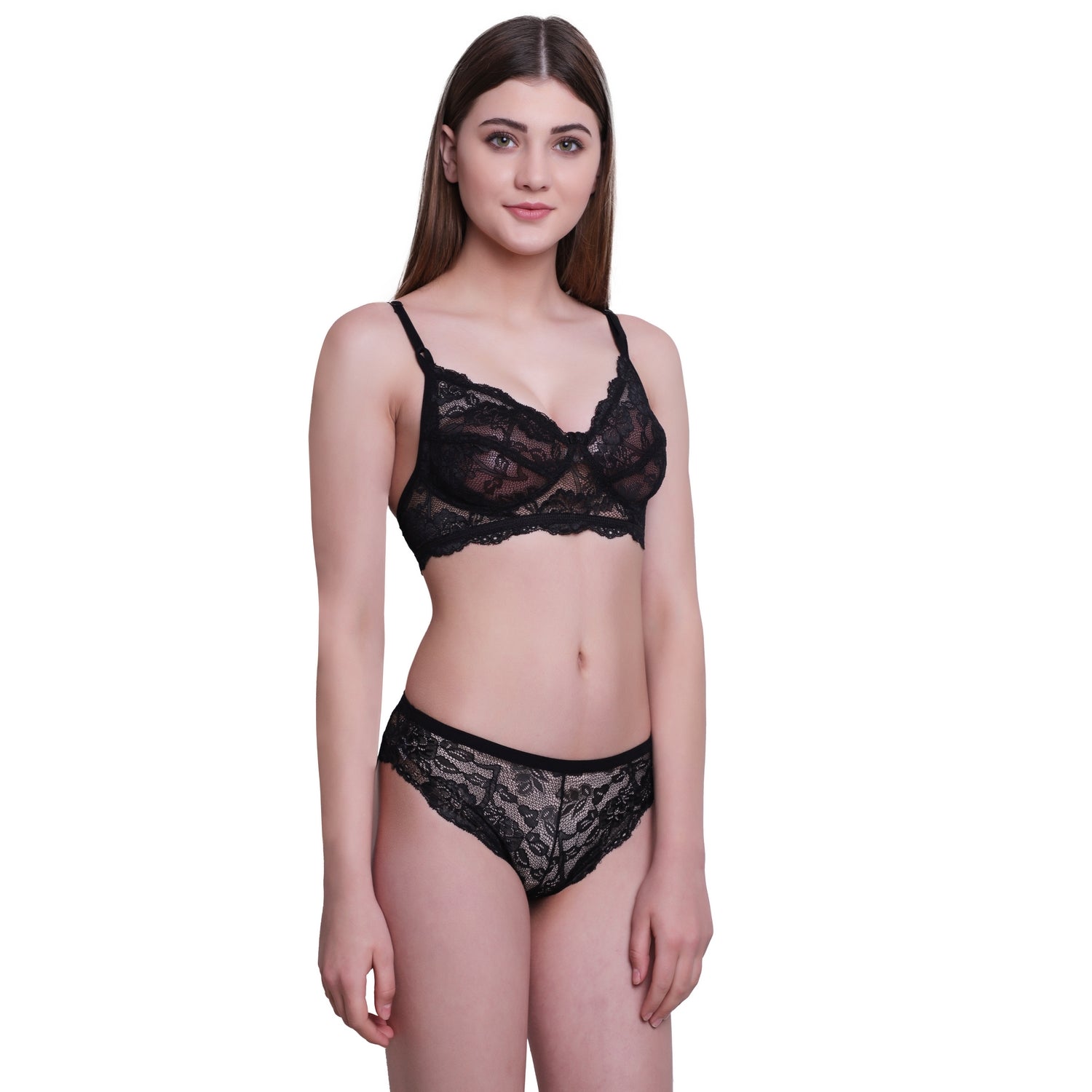 Floral Lace Lingerie Set – Black Non-Padded Wire-Free Bra & Bikini