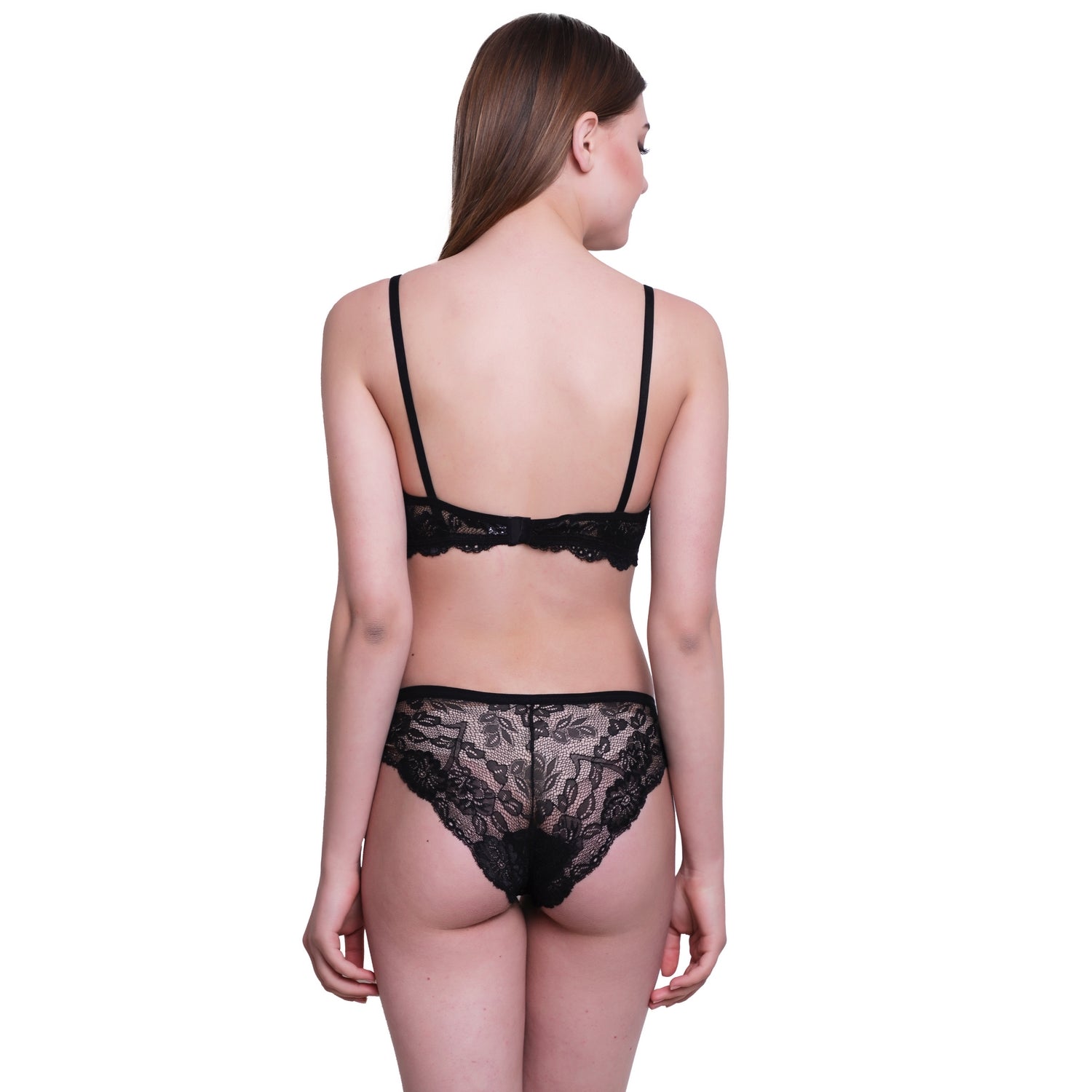 Floral Lace Lingerie Set – Black Non-Padded Wire-Free Bra & Bikini