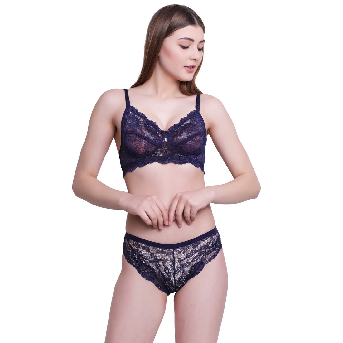 Floral Lace Lingerie Set – Navy Blue Non-Padded Wire-Free Bra & Bikini