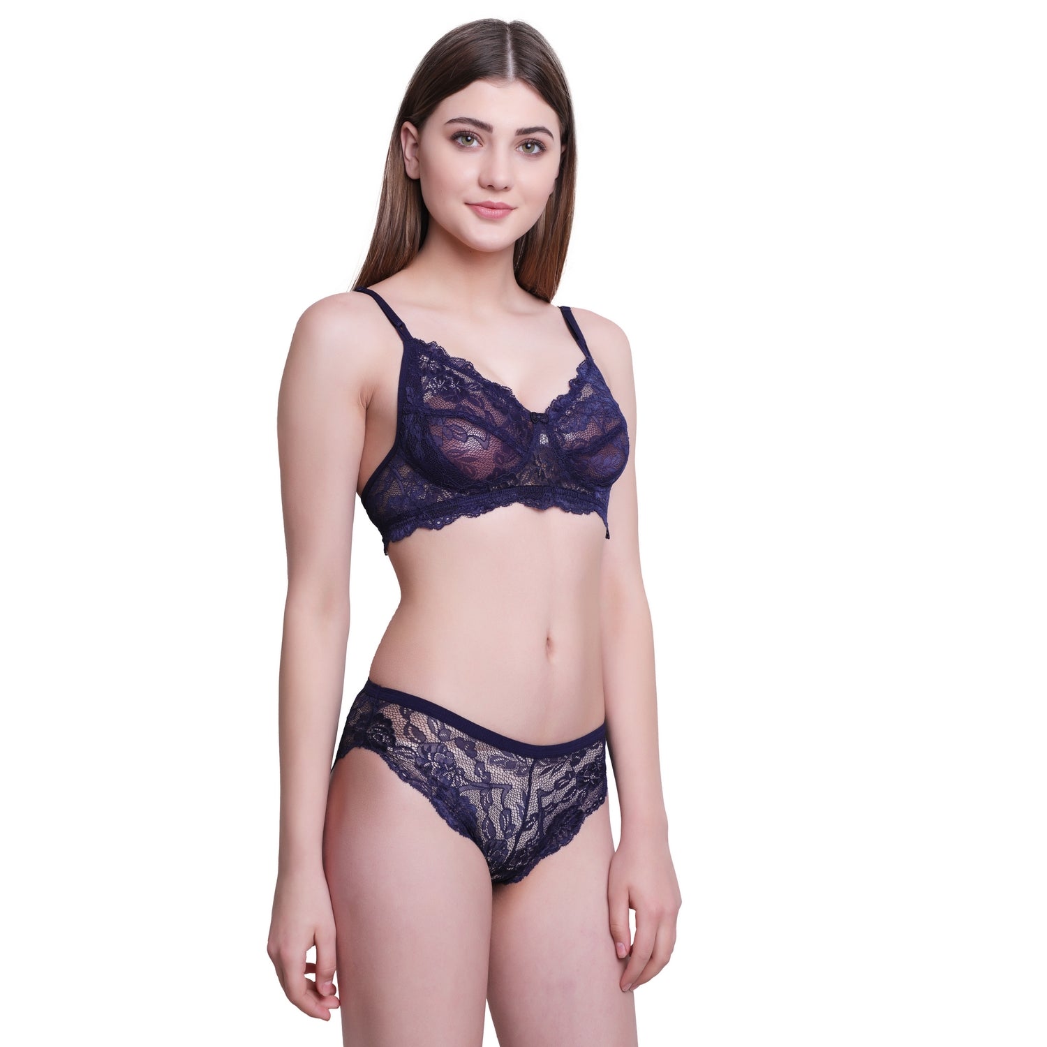 Floral Lace Lingerie Set – Navy Blue Non-Padded Wire-Free Bra & Bikini