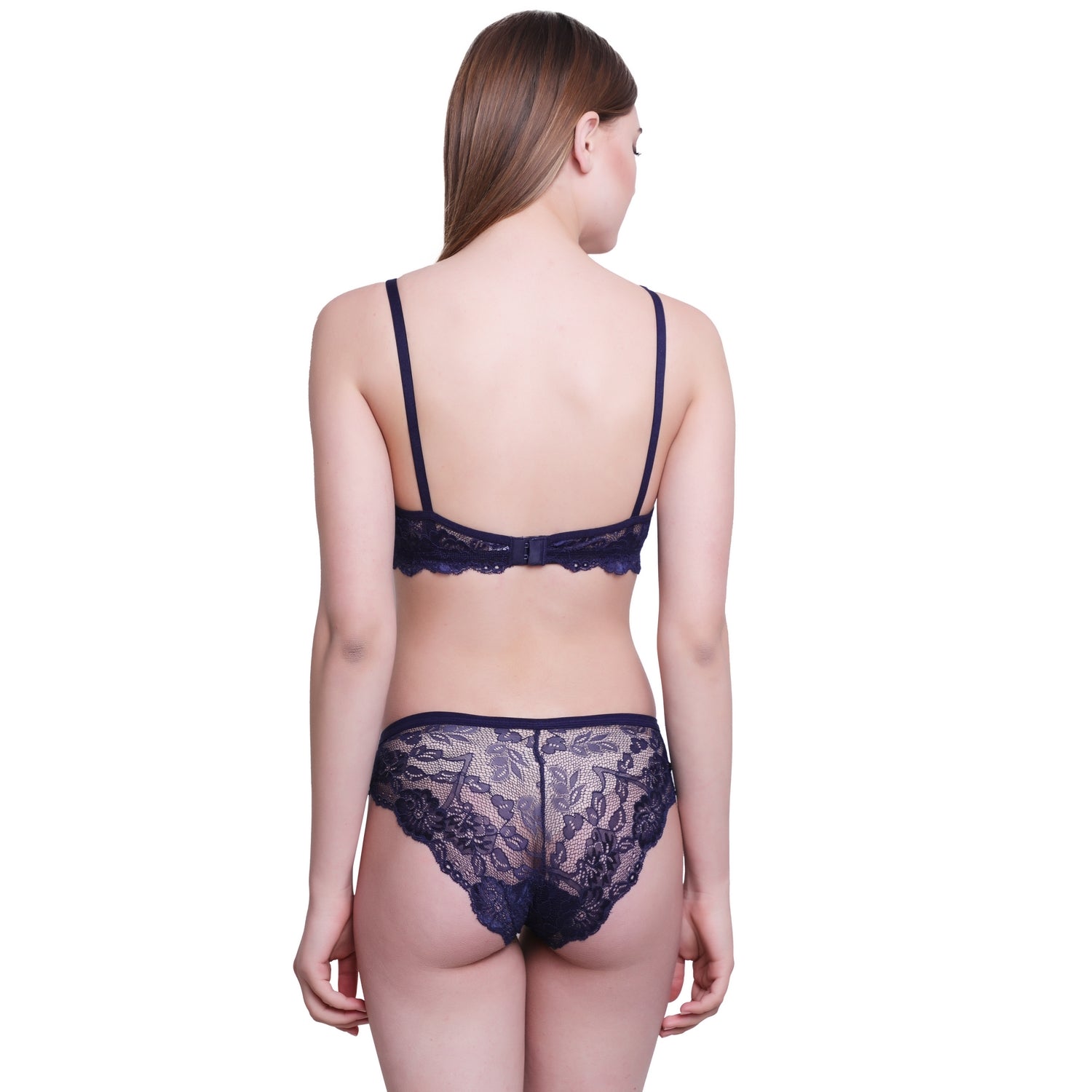 Floral Lace Lingerie Set – Navy Blue Non-Padded Wire-Free Bra & Bikini