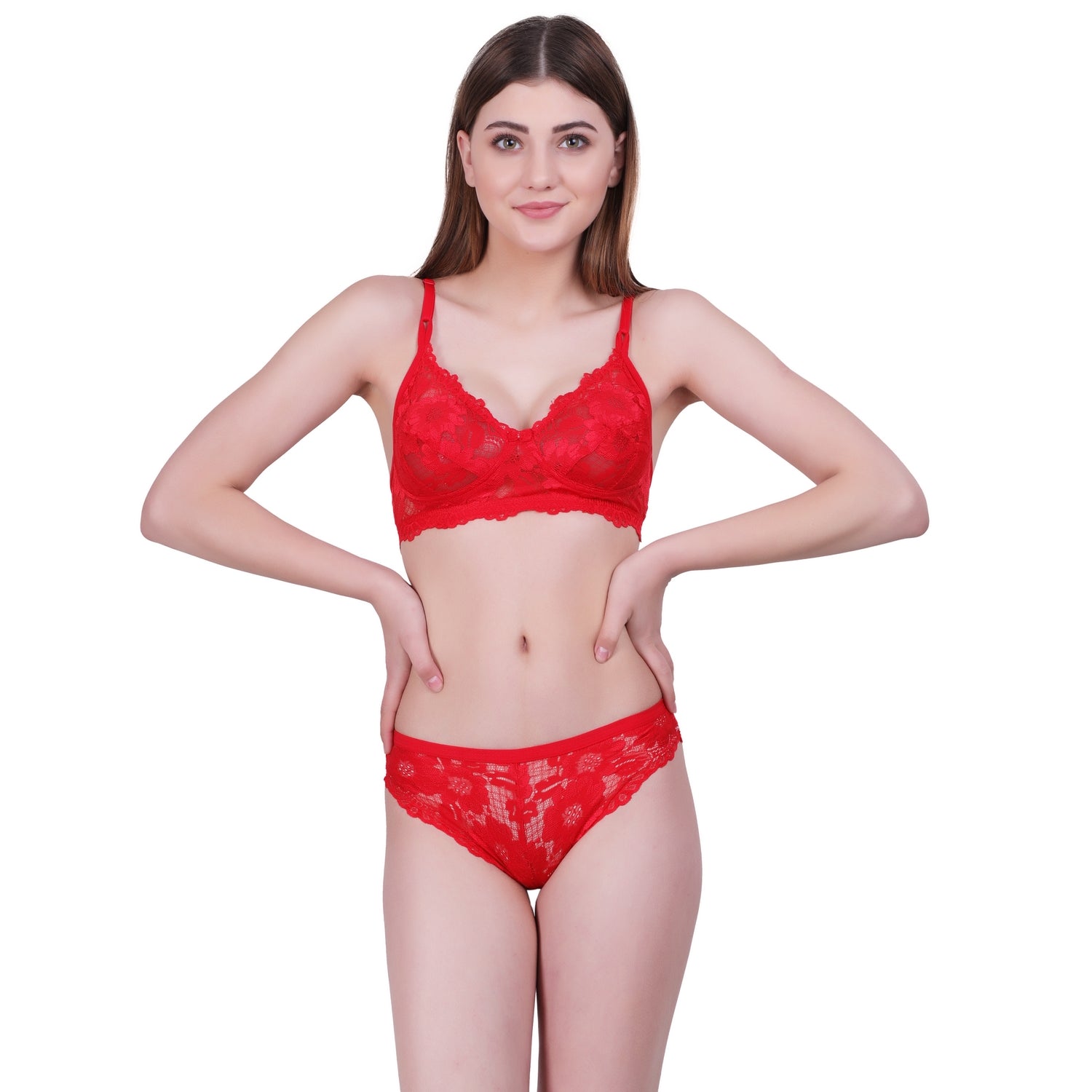 Floral Lace Lingerie Set – Crimson Red Non-Padded Wire-Free Bra & Bikini