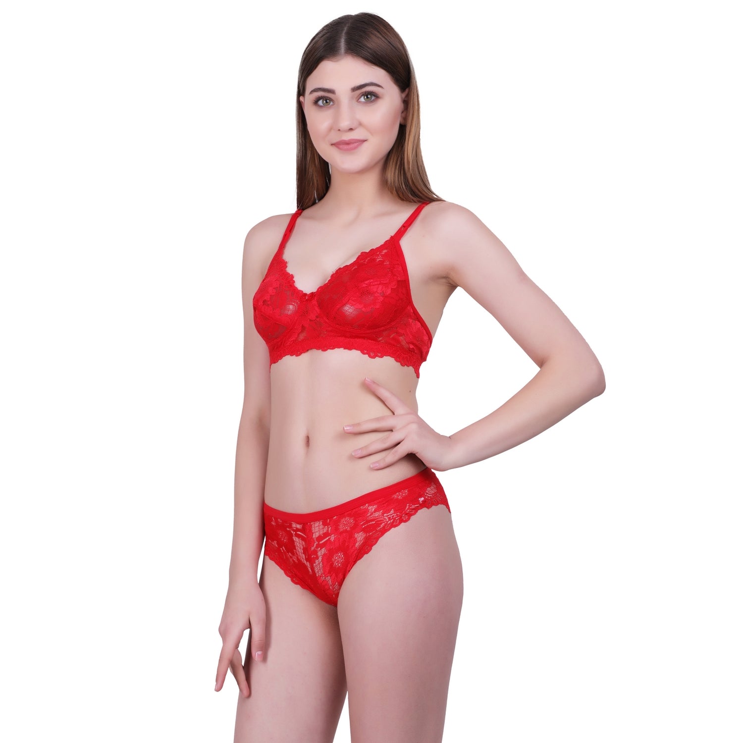 Floral Lace Lingerie Set – Crimson Red Non-Padded Wire-Free Bra & Bikini