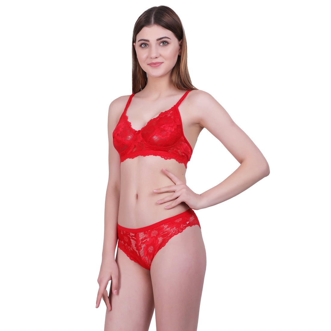 Floral Lace Lingerie Set – Crimson Red Non-Padded Wire-Free Bra & Bikini