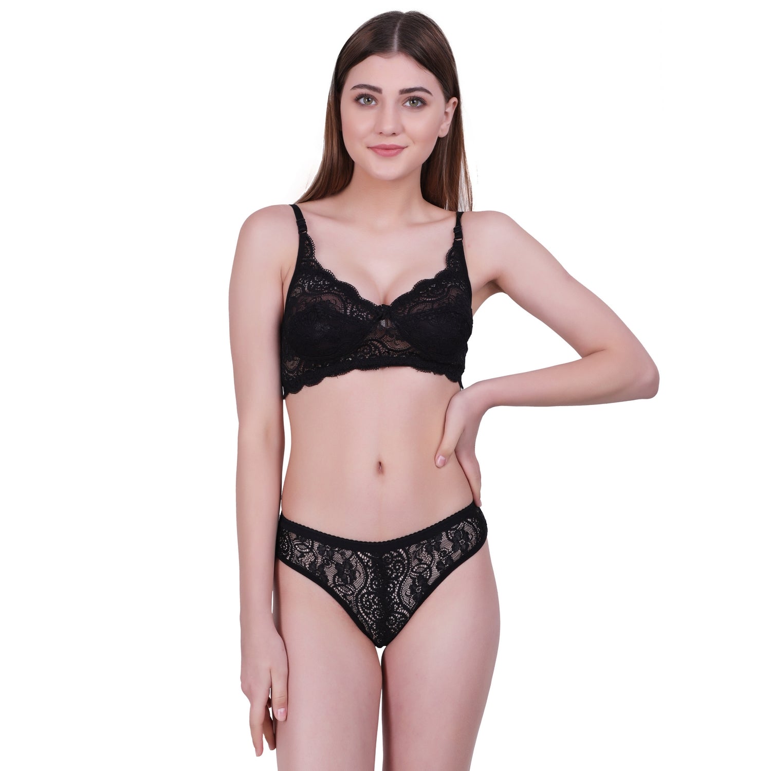 Floral Lace Lingerie Set – Classic Black Non-Padded Wire-Free Bra & Bikini