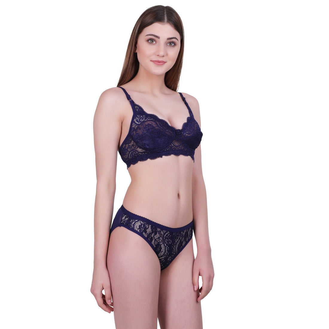 Floral Lace Lingerie Set – Deep Navy Non-Padded Wire-Free Bra & Bikini