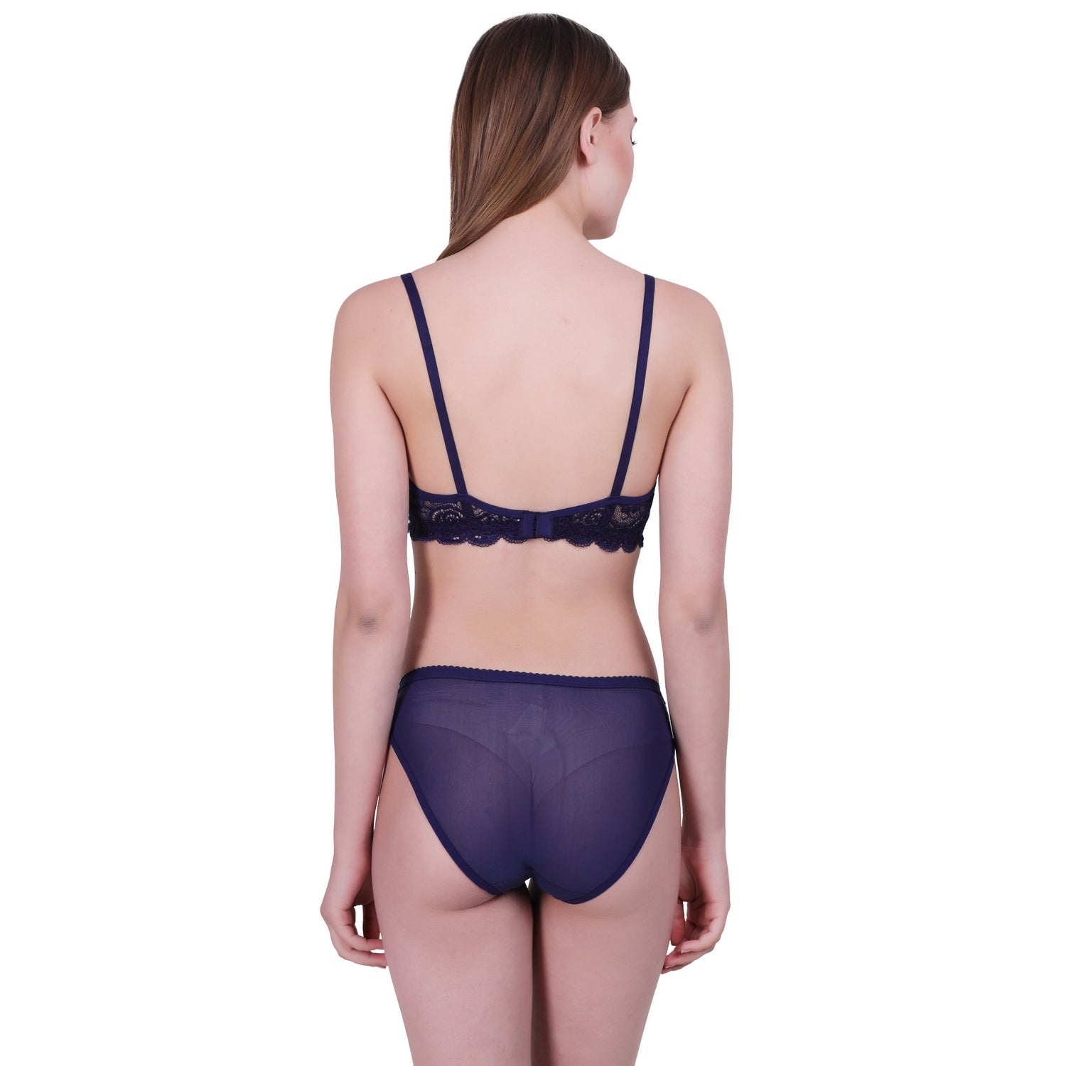 Floral Lace Lingerie Set – Deep Navy Non-Padded Wire-Free Bra & Bikini