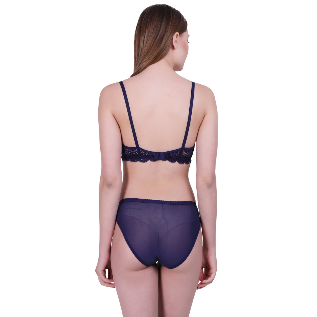 Floral Lace Lingerie Set – Deep Navy Non-Padded Wire-Free Bra & Bikini