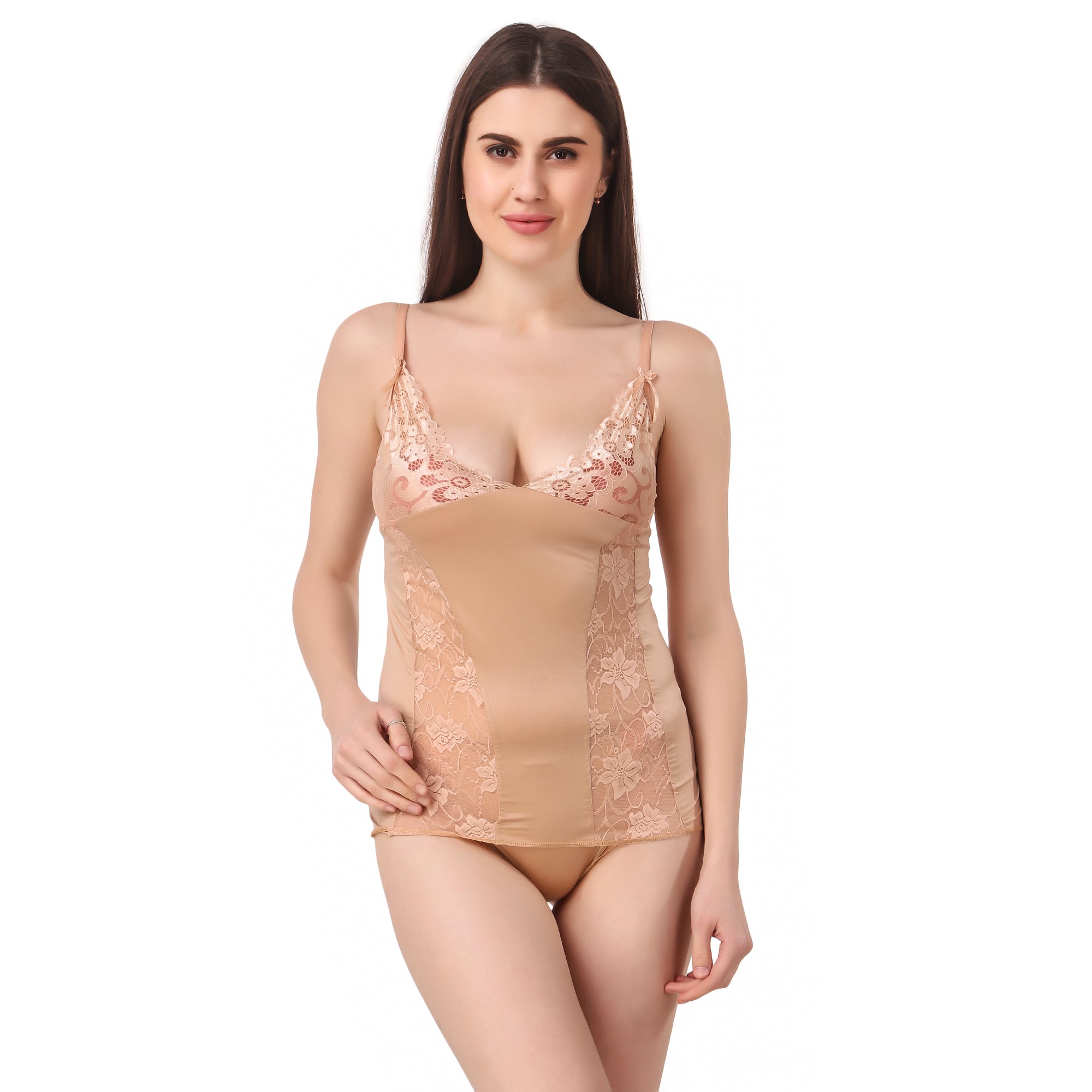 Sculpting Lace Chemise – Nude Sheer Panel Lingerie Dress