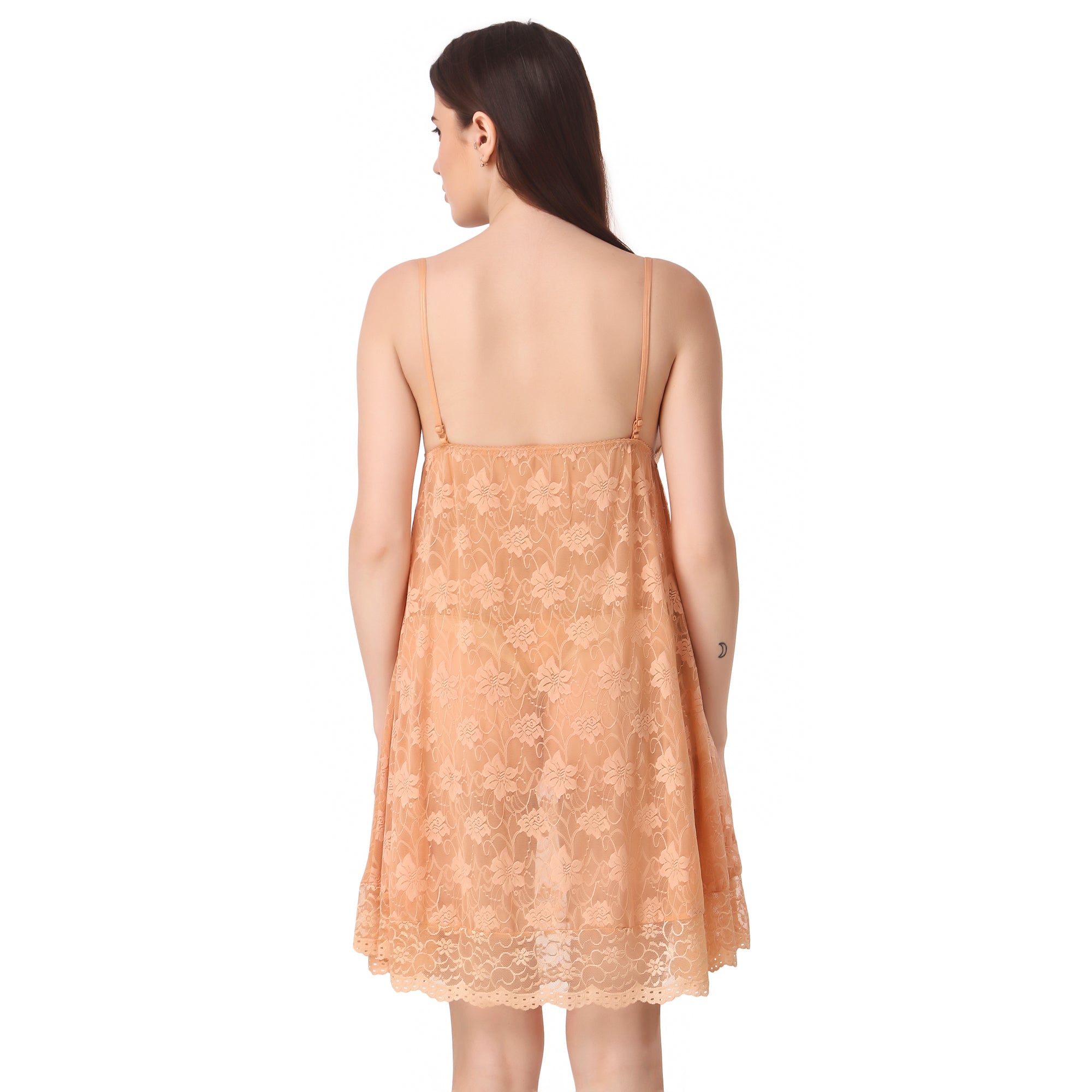 Elegant Lace Slip Nightdress – Sheer Floral Lingerie in Peach