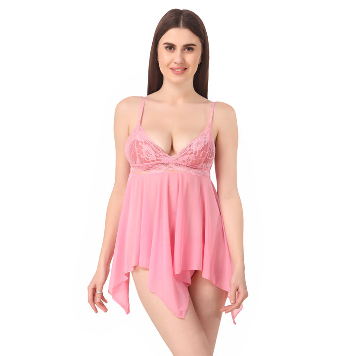Romantic Lace Babydoll Nightdress – Soft Pink Sheer Lingerie