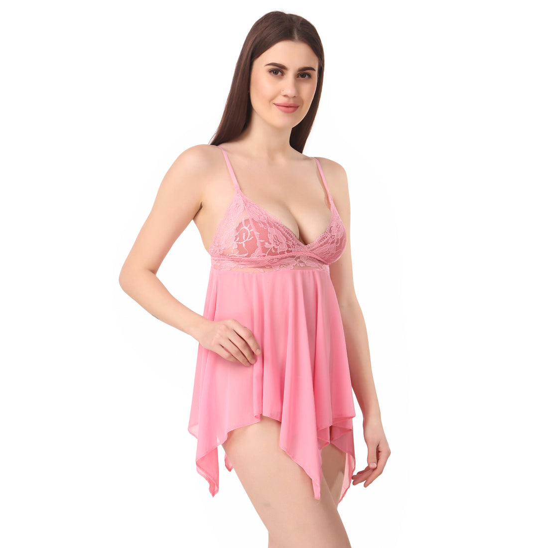 Romantic Lace Babydoll Nightdress – Soft Pink Sheer Lingerie