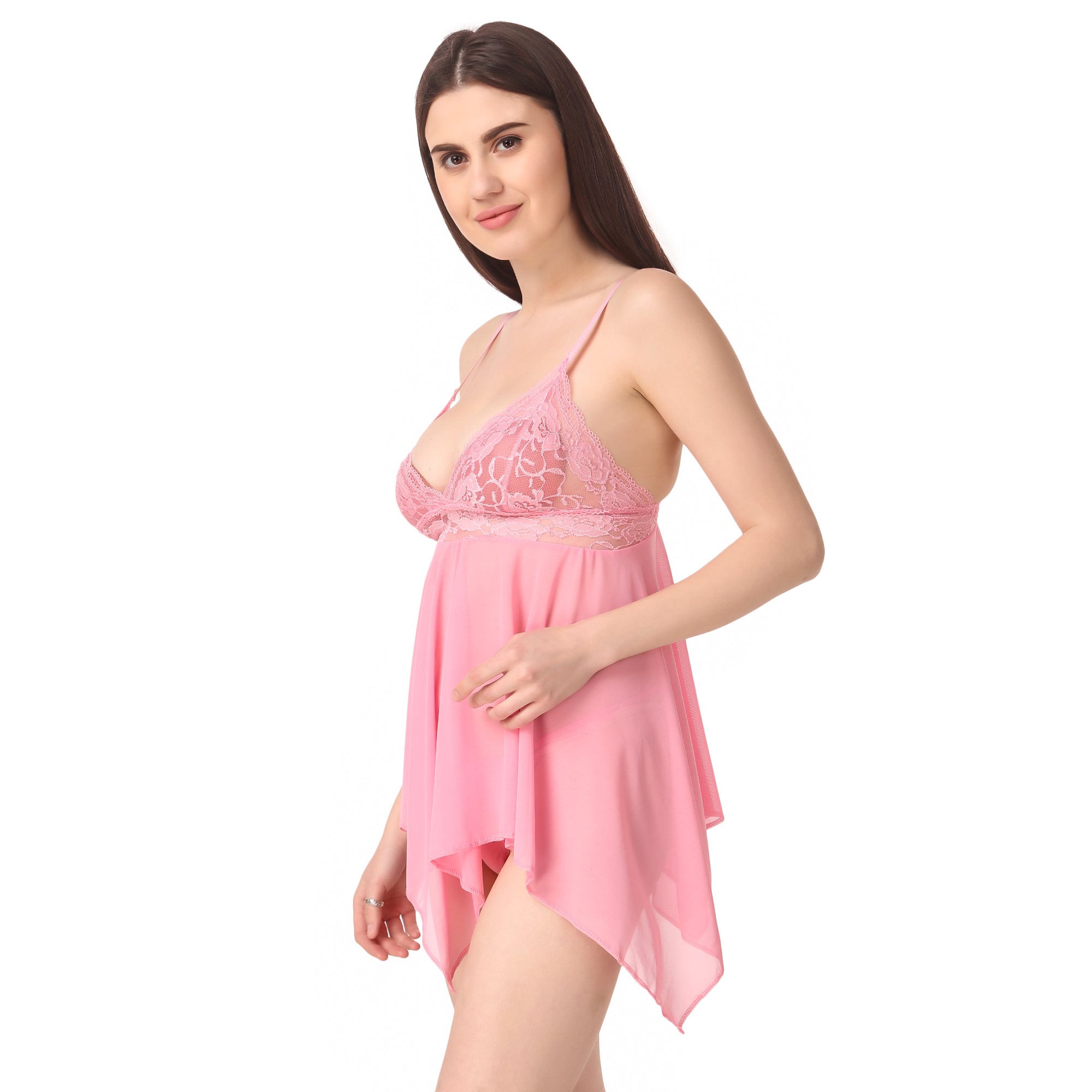 Romantic Lace Babydoll Nightdress – Soft Pink Sheer Lingerie